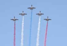 Militärflugzeuge üben Überflüge bei der Nationalfeiertagsparade Kunstflugstaffel der Thunder Tiger