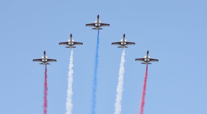 Militärflugzeuge üben Überflüge bei der Nationalfeiertagsparade Kunstflugstaffel der Thunder Tiger